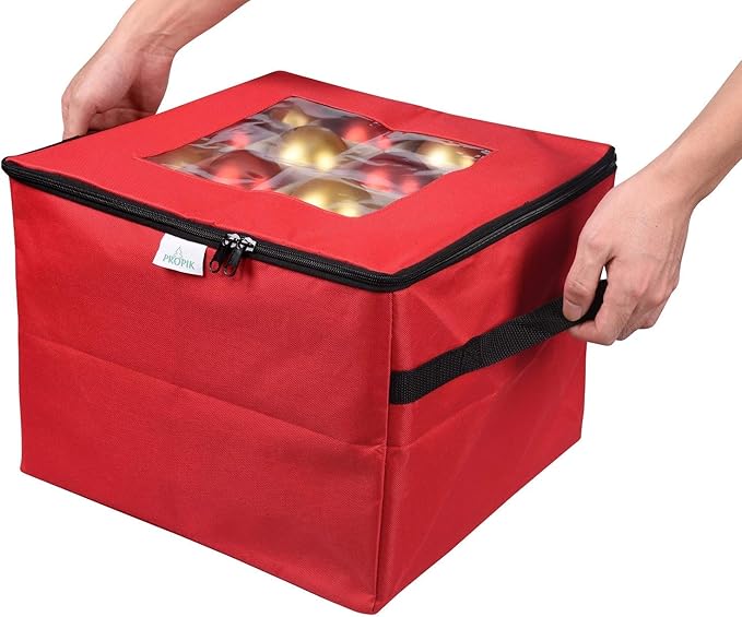 ProPik Christmas Ornament Storage Box, Organizer Holds Up to 48 Xmas Balls with 3 Separate Removable Trays, Container has Dividers to Organize Holiday Tree Ornaments (Red)