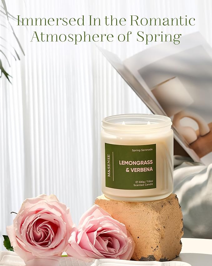 M&SENSE Lemongrass Verbena Scented 11.6oz 70 Hours Burn Non Toxic Natural Soy Wax Long Lasting Summer Scented Candle for Home Decor Aromatherapy Best Smelling Gifts for Him