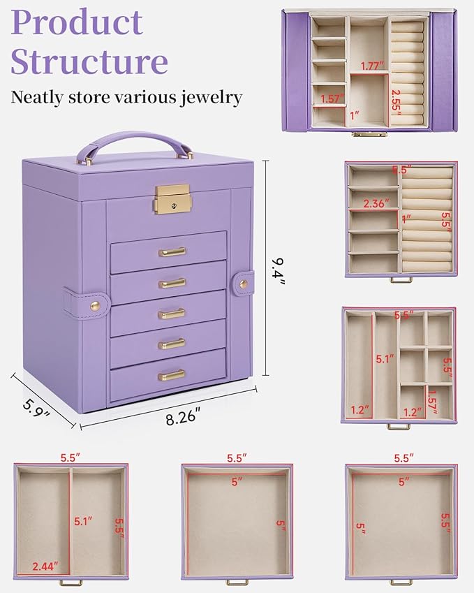 TORIBIO Large Jewelry Box for Women, Leather Jewelry Organizer with Mirror & Lock, 6-Tier Jewelry Storage Case for Girls/Women/Mothers, Necklace Earring Bracelets Holder Organizer