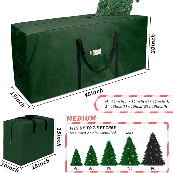 Christmas Tree Storage Bag 7.5ft (3pc Set), Fits Up to 7 Foot Artificial Trees, 600D Oxford Tear-proof Xmas Tree Bag, Reinforced Handles&Zippered&Durable, Holiday Decoration Storage Bags, Green