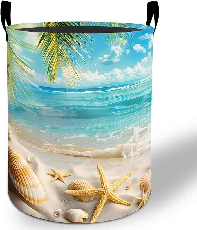 Beach Laundry Basket Hamper 19.7"x15.8", Ocean Starfish Foldable Waterproof Oxford Clothes Storage Bucket for Room Bathroom Bedroom Nursery Decor, Toy Organizer Bins Gifts for Kids Boys Girls