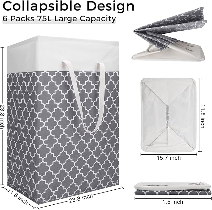 Treela 6 Pack 75l Large Laundry Baskets Collapsible Laundry Hampers with Reinforced Handles, Waterproof Freestanding Clothes Hamper Dirty Clothes Basket for Dorm Bedroom Bathroom Towels Toys(Gray)