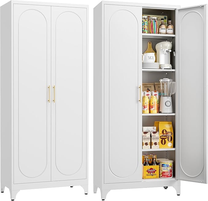 Kitchen Storage Cabinets, 75" Tall Metal Storage Cabinet with Doors and 4 Shelves, Kitchen Pantry Cabinets with Gold Handles, White Food Pantry, Large Cupboard for Dining Room, Office