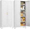 Kitchen Storage Cabinets, 75" Tall Metal Storage Cabinet with Doors and 4 Shelves, Kitchen Pantry Cabinets with Gold Handles, White Food Pantry, Large Cupboard for Dining Room, Office