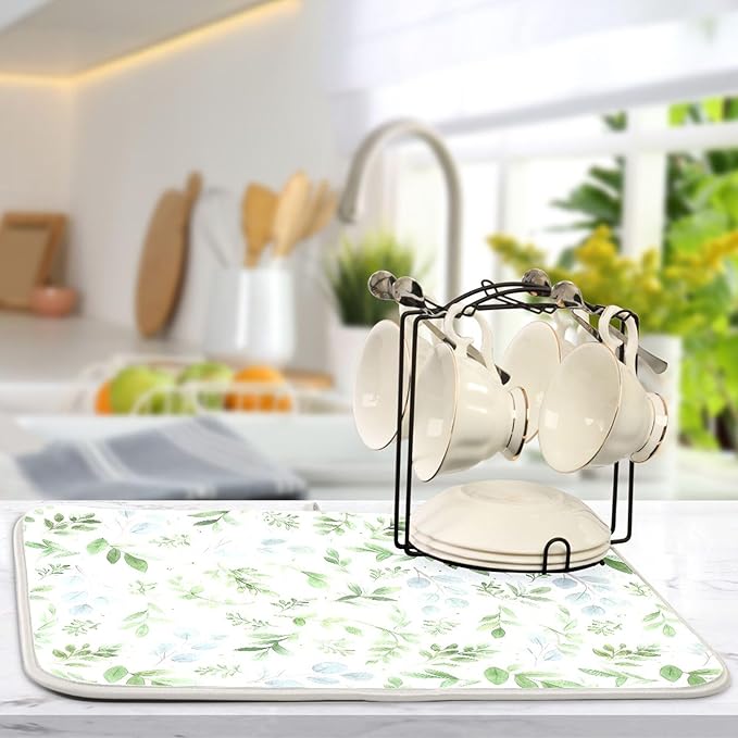 Green Eucalyptus Leaves Dish Drying Mat for Kitchen Countertop 18x24 Rectangle Large Drying Mat Reusable Quick Dry Dish Sink Absorbent Mats Dishwasher Easy Clean Decorative Home Decor Essentials