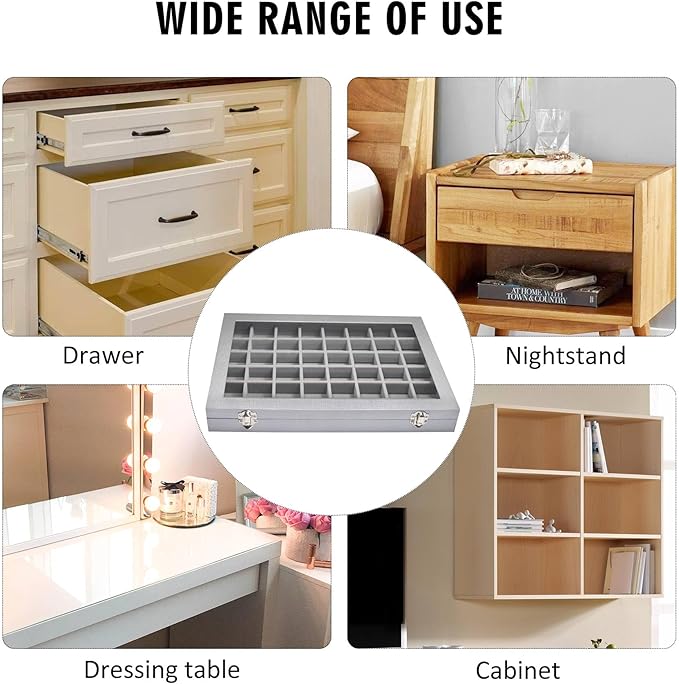 Jewelry Tray Organizer Box 48 Grid Jewelry Display Organizer Box with Transparent Lid Rings Earrings Necklaces Pendants Display Box Suitable for Women and Girls (48 Grid, Silver Grey)