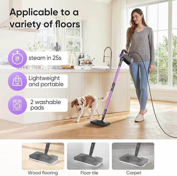 Seyola Steam Mop Cleaner for Hardwood Floor Cleaning, Hands-free Steamer Cleaner Handheld with 9-in-1 Multi-purpose Attachments for Bathroom, Windows, Sofas, Clothes, Tiles Grout (Purple-Grey)