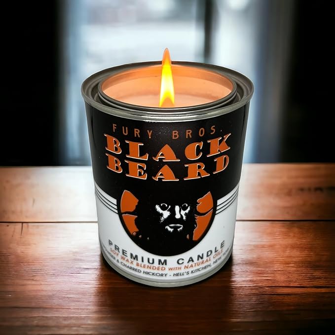 Fury Bros. Scented Candles for Men | Black Beard | Gunpowder & Charred Hickory | Natural Soy Wax | Hand-Poured in the USA | Long 70-80 Hour Burn (12.5 oz) | Vintage-inspired Tin Design | Dad Home Gift
