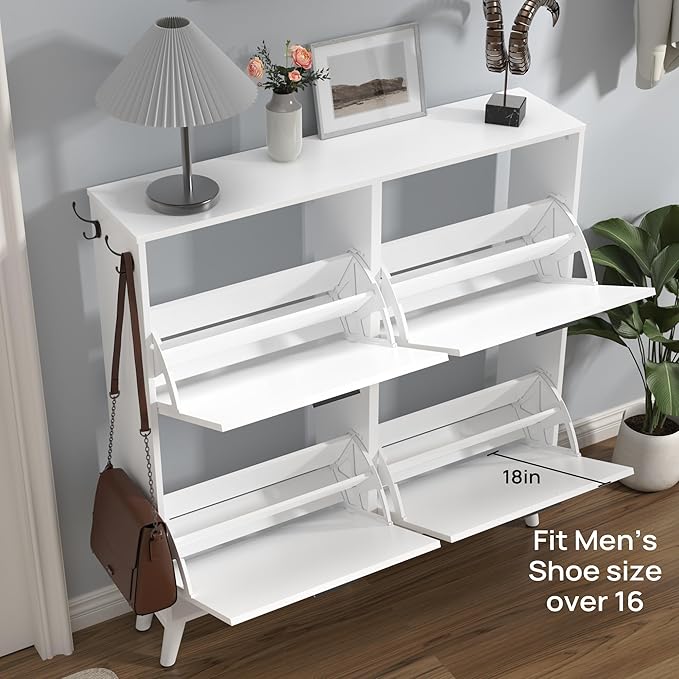 White Large Shoe Cabinet fit up to Shoe Size 16, Freestanding Shoe Organizer with 4 Flip Drawers, Narrow Wooden Shoe Rack for Entryway, Closet, Living Room
