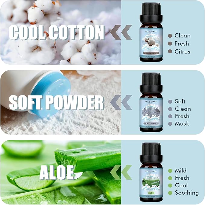 Clean Fragrance Oils Set, Premium Essential Oils for Diffuser for Home, Scented Oil for Soap & Candle Making Scents - Lemongrass, Aloe, Blossom Soap, Fresh Linen, Soft Powder, Cool Cotton