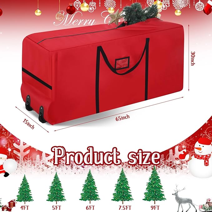 9 Ft Heavy Duty Christmas Tree Storage Bag 900d Oxford Fabric with Wheels and Reinforced Handles, Durable Xmas Storage Box for Disassembled Holiday Tree (9 ft,Red)