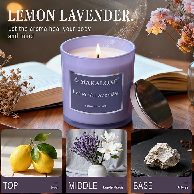 MAKALONE Lavender Lemon Scented Candles for Home - 9oz Soy Wax Candle in Purple Glass Jar, 60H Long Lasting Burn, Aromatherapy Candle for Stress Relief, Relaxation, Sleep, Bath & Yoga, Gifts for Women