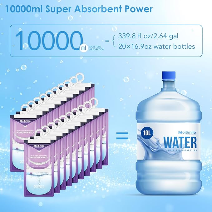 Moisture Absorbers 20 Pack Lavender Fragrance, Hanging Closet Dehumidifier Bags, Humidity Absorber, Compact Eliminates Odors Humidity Packs for Car, Bathroom, Bedroom, Basement, 9.8OZ