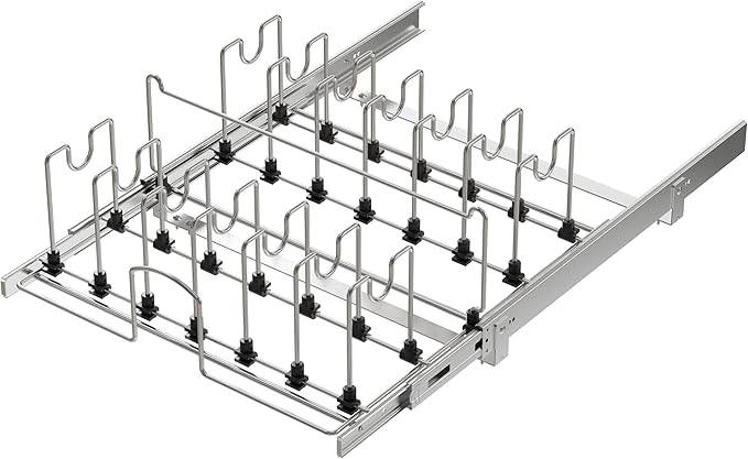 Pull Out Pots and Pans Organizer Under Cabinet, Sliding Adjustable Pot Rack with 15 Adjustable Dividers, Chrome-Plated Pot and Pan Holder Rack, Full-Extension Rail for Kitchen Organization 20" W*22" D
