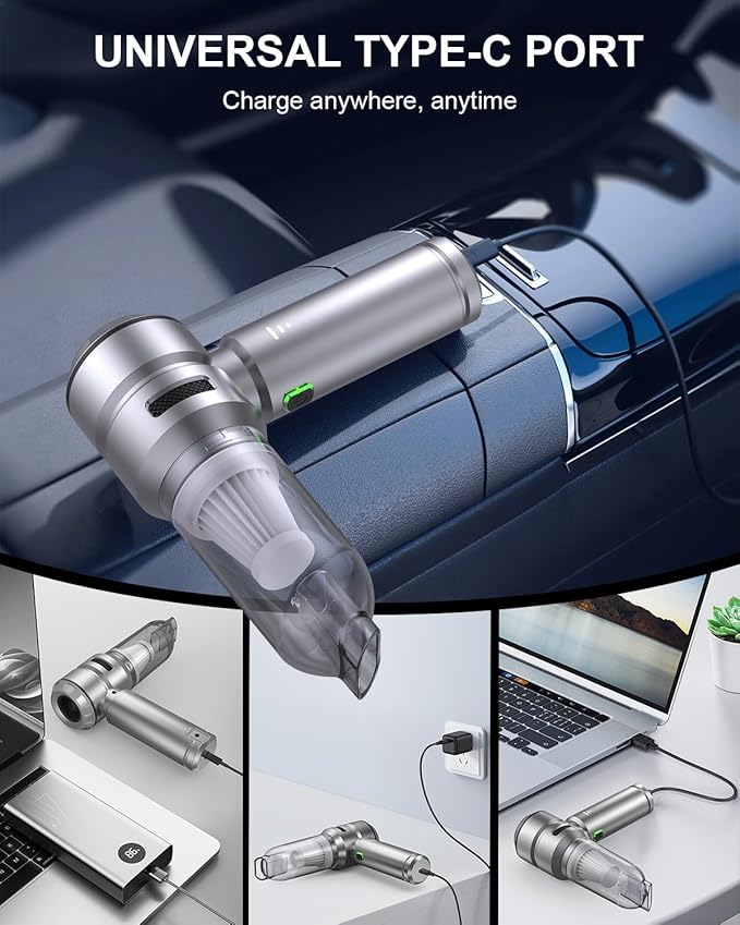 VNOST Car Vacuum,3 Suction Modes,Portable Mini Cordless Cleaner with 21000pa Suction Power,Type-C Charge,Handheld Vacuum for Home,Car, Office Desk, Keyboards(Fantasy Silver)