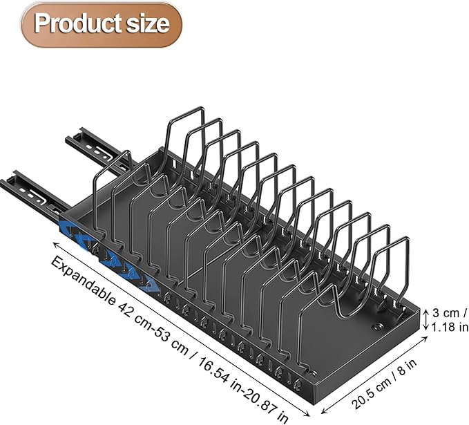 Enskatec Expandable Pots and Pans Organizer Under Cabinet, Sliding Pot Lid Holder and Pan Rack in Kitchen, Pull out Kitchen Cabinet Storage, with 10 Adjustable Dividers