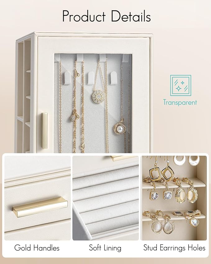 Vlando 360° Rotating Jewelry Box with 5 Drawers, Large Jewelry Storage with 2 Glass Window, PU Leather Jewelry Organizer for Bracelets, Necklaces, Earrings, Rings - Cloud White