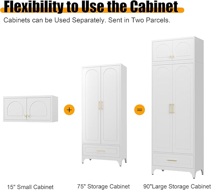 Metal Storage Cabinet with Drawer, 90" Tall Kitchen Pantry Storage Cabinets with Doors and Adjustable Shelves, White Pantry Closet, Steel Large Cupboard, High Leveling Feet- Assembly Required