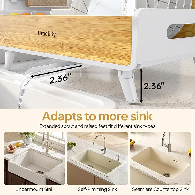 Urackify Dish Drying Rack for Kitchen Counter – Stainless Steel & Bamboo Dish Rack, Drying Rack Kitchen with Large Removable Utensil Holder, Dish Drainer with Auto-Drain Drainboard, White
