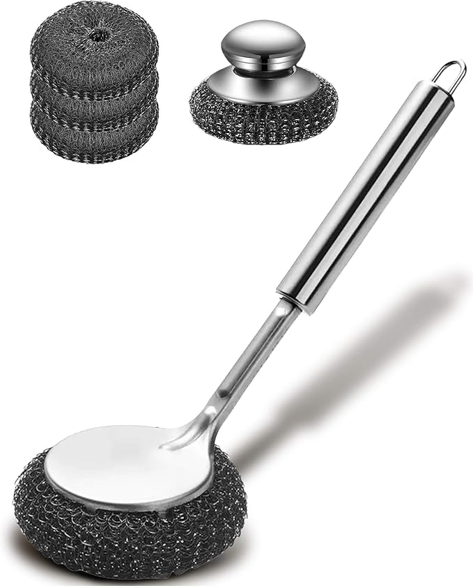 Soilleta 5Pcs Steel Wool Scrubber, Stainless Steel Scrubber Set with Long & Short Handle & 3Pcs Pads, Metal Scrubbers for Cleaning Kitchen,Household,Dishes,Wash Sink,Pots,Pans,Cast Iron,Grills,Stoves