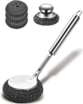 Soilleta 5Pcs Steel Wool Scrubber, Stainless Steel Scrubber Set with Long & Short Handle & 3Pcs Pads, Metal Scrubbers for Cleaning Kitchen,Household,Dishes,Wash Sink,Pots,Pans,Cast Iron,Grills,Stoves