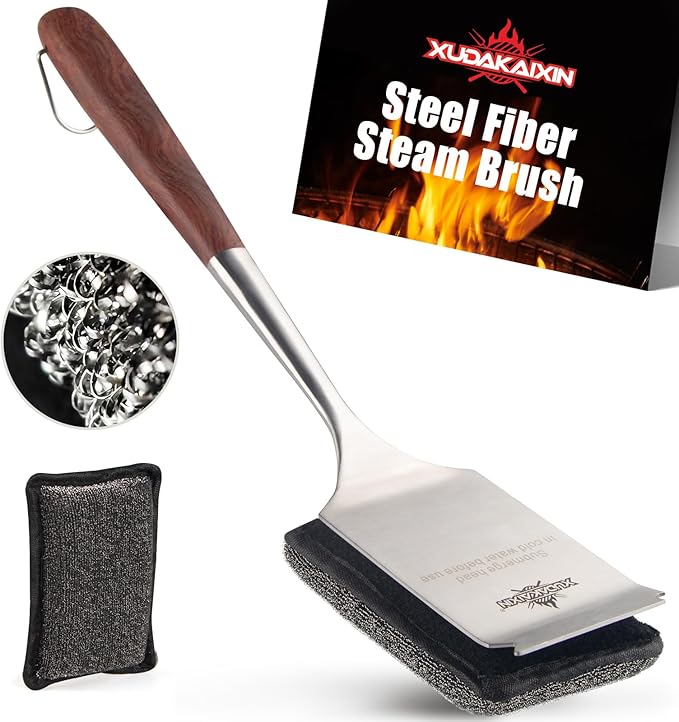 XUDAKAIXIN Bristle-Free Steam Cleaning Grill Brush,with Extended Luxurious Rosewood Handle and 1 Replacement Head,BBQ Grill Cleaning Brush Kit,Safe Grill Cleaner for Outdoor Grill,Gifts for Men/Dad