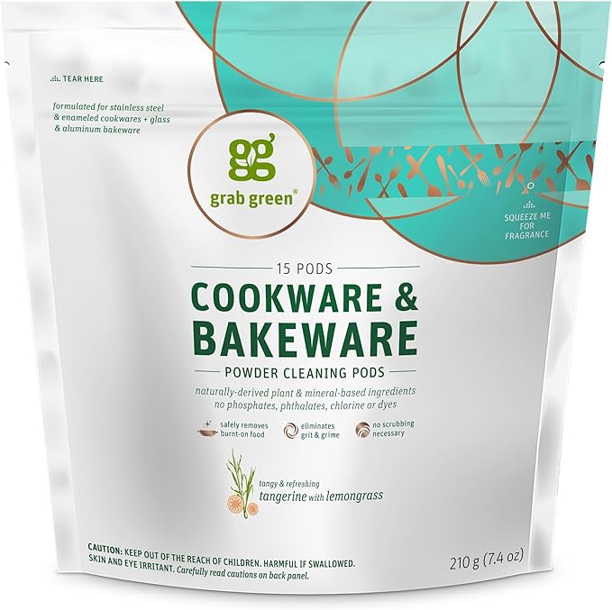 Grab Green Cookware and Bakeware Cleaner Pods, 60 Pods, Tangerine Lemongrass Scent, Plant and Mineral Based, Removes Burnt-On Food, Eliminates Stains