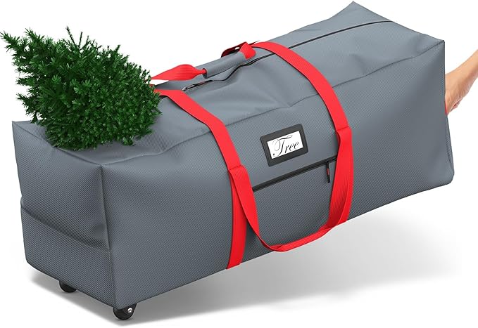 Mrrihand Christmas Tree Storage Bag, Large Artificial Anti-Tear Heavy-Duty 600D Oxford Cloth Xmax Christmas Tree Storage Box with Rolling Wheels, Christmas Tree Storage Container (Grey&Red, 9Ft)