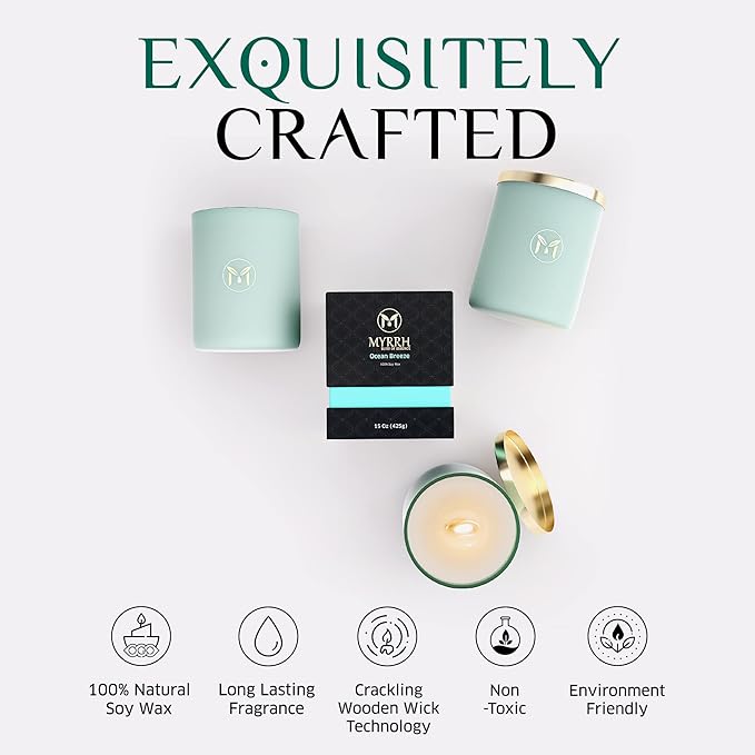 MyrrhUSA Ocean Breeze Scented Candle – 15 oz Natural Soy Wax with Crackling Wooden Wick & Essential Oils | 80 Hour Burn | Luxury Aromatherapy Candle for Relaxation, Home Décor, Living Room & Bathroom
