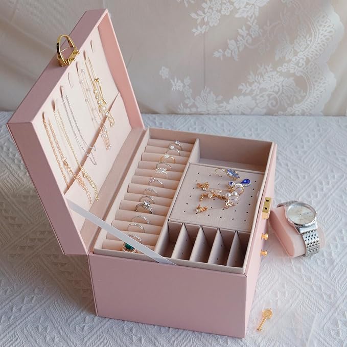 3 Layer Jewelry Box with Drawers, Lockable Jewelry Organizer for Necklace Earring Ring Bracelet Watch, PU Leather Storage, Pink