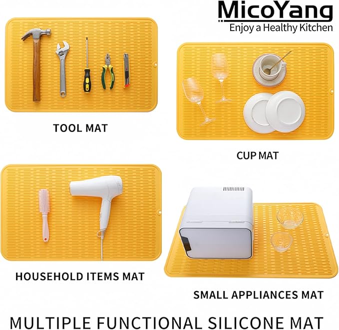 MicoYang Silicone Dish Drying Mat for Multiple Usage,Easy clean,Eco-friendly,Heat-resistant Silicone Mat for Kitchen Counter or Sink,Refrigerator or Drawer Liner Yellow 3XL 28 inches x 18 inches