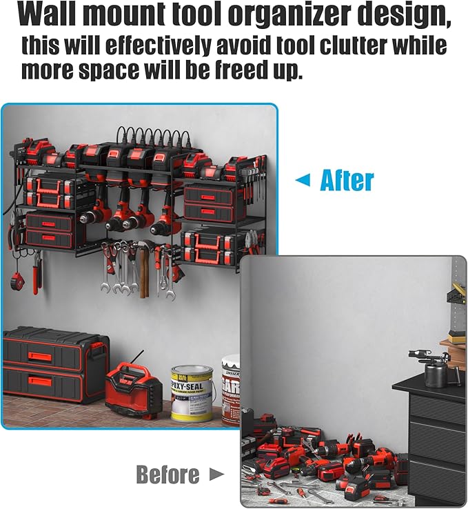 CCCEI Black Power Tool Organizer Wall Mount, Large Tools and Battery Storage Rack Charging Station Individual Switches. Drills Holder, Garage Utility Shelves with 6FT Power Strip. Gift for Men.