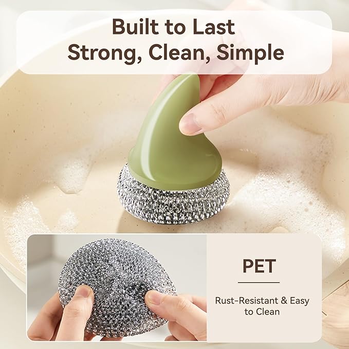 JESFORMYA Steel Wool Scrubber with Handle, 3 Refill Pads – Heavy Duty Cleaner for Dishes, Cast Iron, Pots, Pans & Grills（Green）
