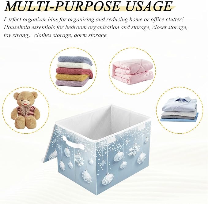 senya Christmas Baskets Collapsible Storage Bins with Lids, Christmas Balls White Snowflakes Storage Boxes Clothes Baskets for Organizing