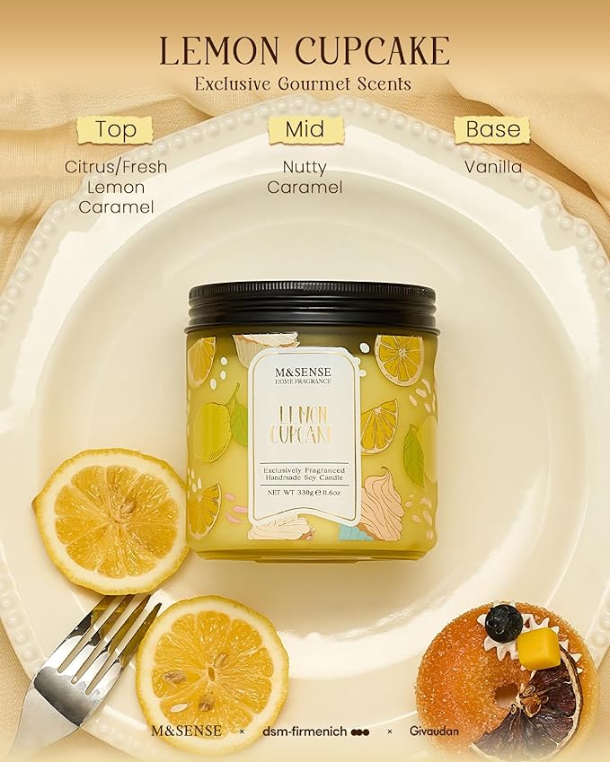 M&SENSE Lemon Vanilla Cupcake Scented Candle, 11.6oz Natural Soy Wax, 70 Hours Long Lasting Clean Burn, Citrus Vanilla Scents for Kitchen Freshness, Candle Gifts for Women Men, Warm Home Decor