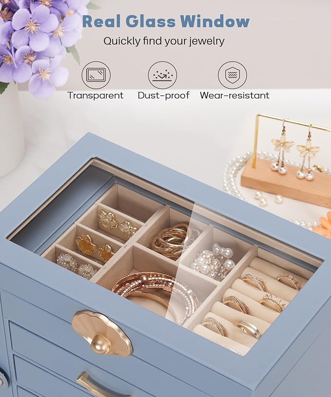 Jewelry Box with 4 Drawers: Display Organizer for Earrings Necklaces - Gifts for Girls Women (Grey Blue)