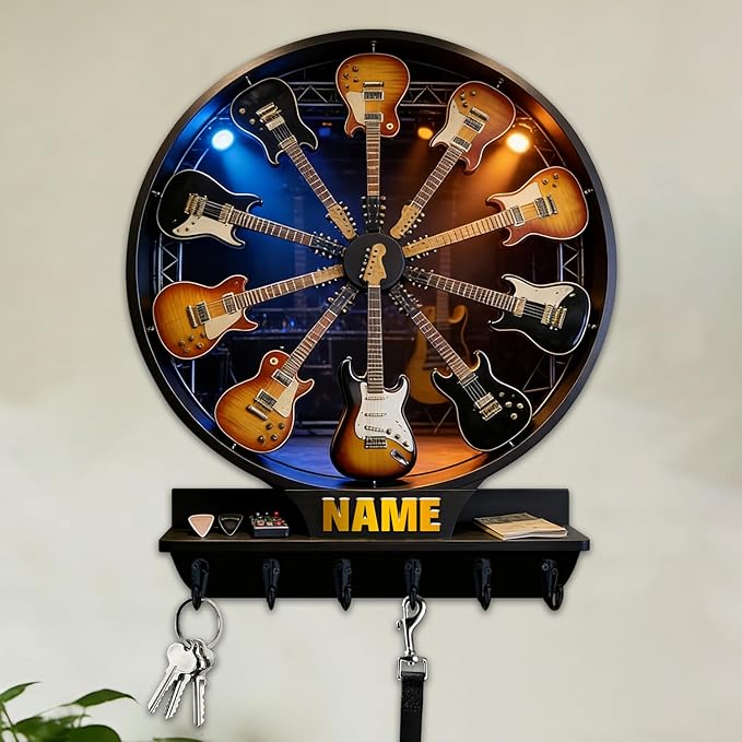 Personalized 2D Flat Print Guitar Stand Themed Wall Mounted Hooks for Music Lovers Family Friends Custom Rock Electric Guitar Coat Rack Music Themed Key Storage Holder for Living Room Hallway Office