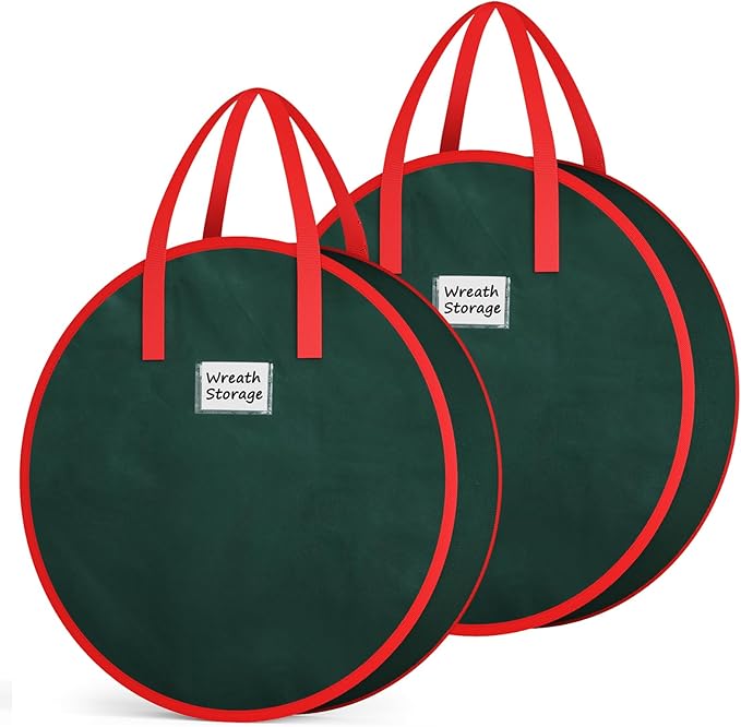 Criusia Wreath Storage Container, 2 Pack Christmas Wreath Storage Bag with Sturdy Handle, Two-way Zipper,Durable Wreath Storage Organizer Box for Holiday Decoration (Green, 24"x8")