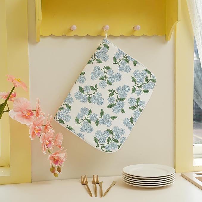 Blue Sage Green Floral Dish Drying Mat 18 x 24 Inch Spring Hydrangea Floral Drying Mat for Kitchen Counter Absorbent Summer Flowers Dishes Dry Pad for Drainer Rack Kitchen Fast Dry