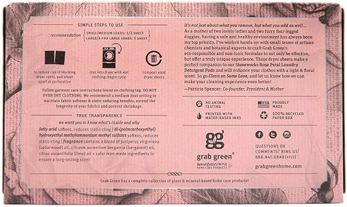 Grab Green Stoneworks Cruelty-Free Dryer Sheets | Softens Fabrics, Freshens Clothing & Reduces Static-Cling and Wrinkles | Plant Based | Rose Petal Scent (160 Sheets)