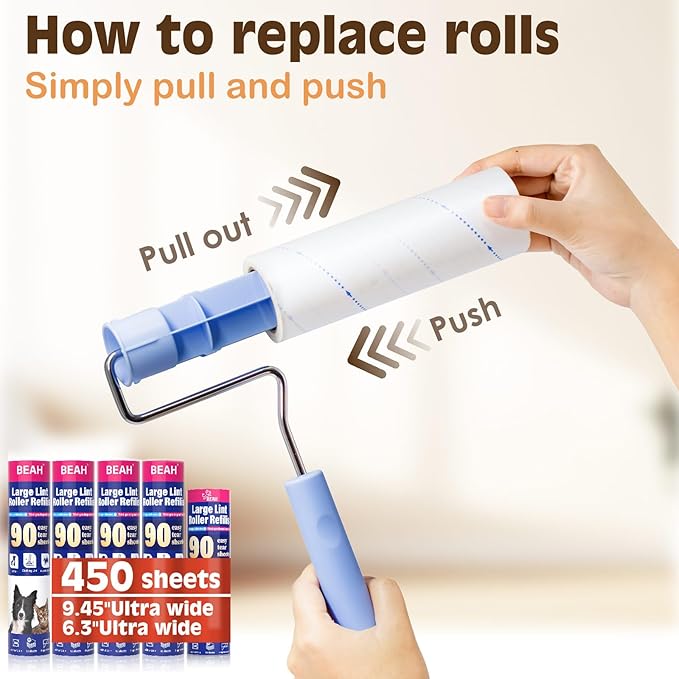 9.45 Inch Extra Sticky Lint Roller Refills 3 Pack (270 Sheets) –Compatible with 9.45 Inch Lint Rollers Pet Hair and Lint Cleaning on Furniture, Carpets, and Clothes