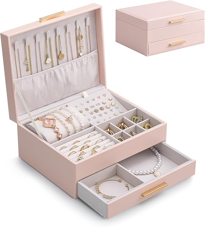 Lolalet 2-Layer Jewelry Boxes Organizer for Women Girls, Jewelry Storage Case Holder with Drawers for Necklaces Rings Earrings Bracelets Watches, Gifts Choice for Girlfriend Wife -Pink