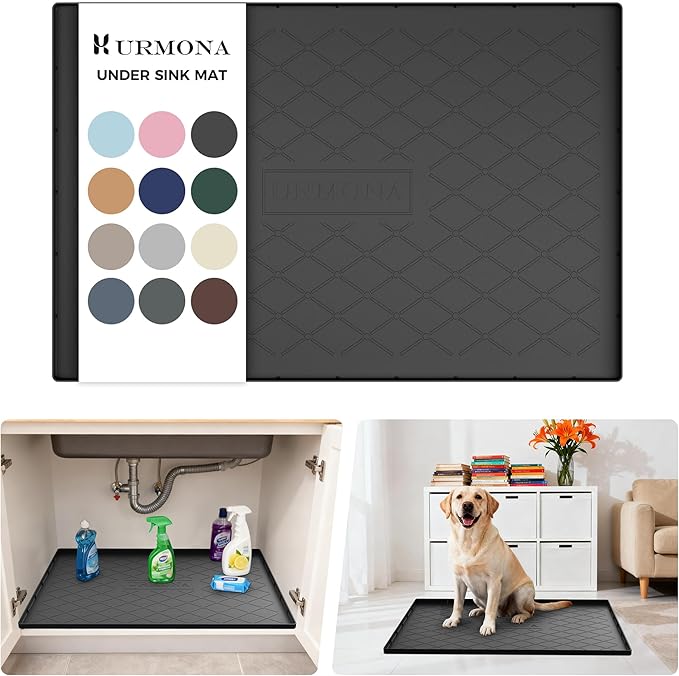 URMONA Under Sink Mat for Kitchen Waterproof, 31" x 22" Silicone Under Sink Mat for Shelf Liner Organizer, Cabinet Sink Protector Under Sink Liner for Bottom Kitchen, Bathroom(Black)