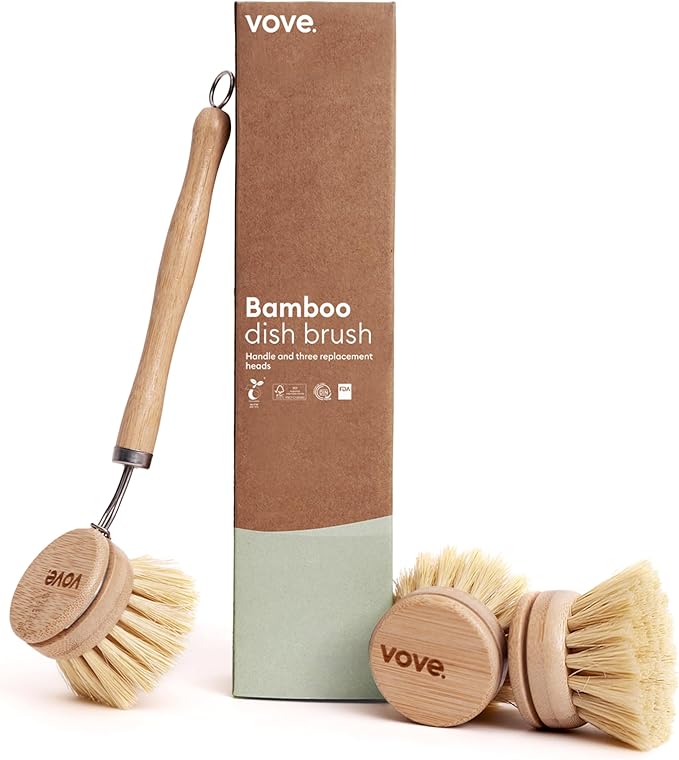 Vove Bamboo Dish Brush, FSC-Certified - Includes 3 Replacement Heads - Natural Fiber Bristles - Non-Toxic, Plastic-Free - Scrub Brush for Pots, Pans & Dishes