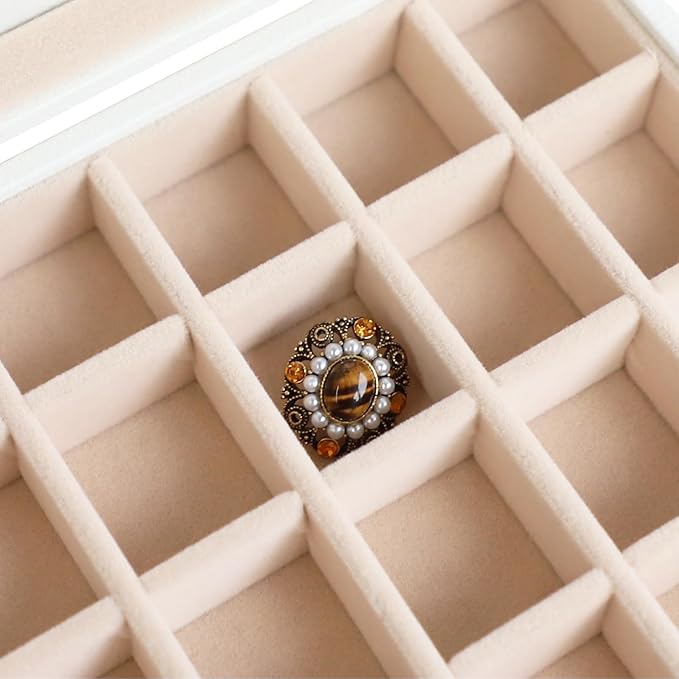 Wudygirl Jewelry Organizer Small Jewelry Box 24 Grid Earring Holder Organizer Velvet Jewelry Tray with Clear Lid Ring Holder Display Earring Organizer Storage for Women (Cream)