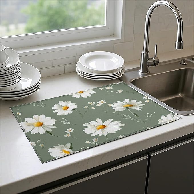 Dish Drying Mat For Kitchen Counter, White Daisy Flowers Microfiber Absorbent Dish Drainer Rack Pad Reusable Large 18x24in Drying Mat