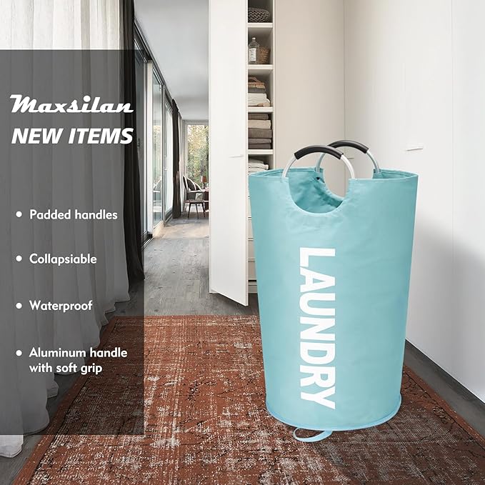 Maxsilan 125L X-Large Laundry Basket, Freestanding Tall Clothes Hamper, Collapsible Laundry Bag, Light Blue