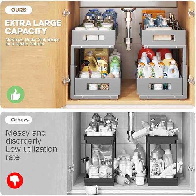 1 Pack 19IN Depth Under Sink Organizer, 2-Tier Pull Out Cabinet Organizer With Smooth Circular Rail, Large Capacity Metal Mesh Sliding Drawers For Bathroom& Kitchen Storage,Height Adjustable-Gun Gray