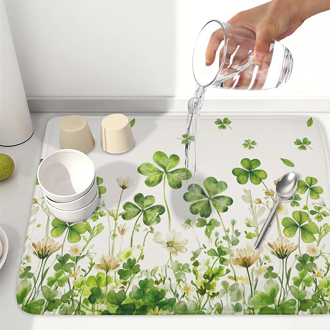 ABSOP St Patrick's Day Dish Drying Mat 18 x 24 Inch Green Clover Dish Drainer Rack Mat Absorbent Microfiber Mats for Shamrock Dish Pad Spring Lucky Dish Pad for Kitchen Bar Decor