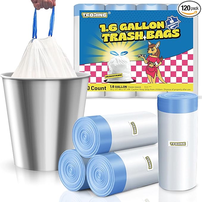 T.FORING 1.6 Gallon Mini Trash Bags Drawstring - 120 Count Strong Small Garbage Bags Unscented,White Trash Can Liners Strong Little Waste Basket Bags 6 Liter for Home Bathroom Office Car